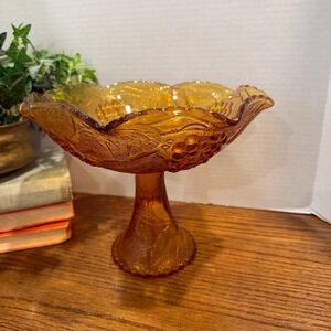 Vintage Indiana Glass Amber Pedestal Bowl Harvest‎ Grape